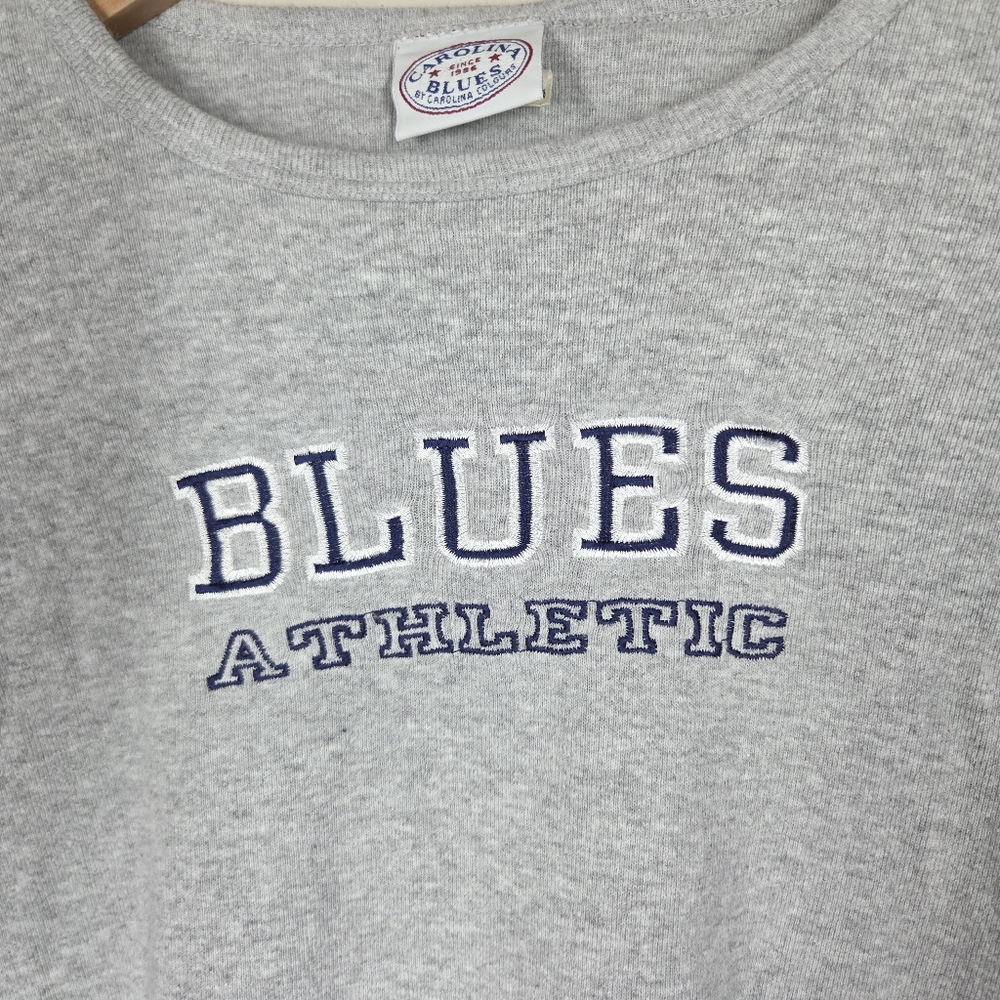 Vtg Y2K Carolina Blues Embroidered Spellout Long Sleeve Ribbed Crop Baby Tee Sml - Picture 2 of 8